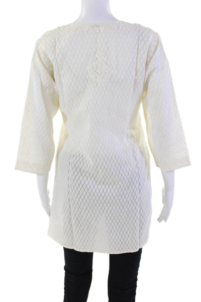 Amaya Womens Silk Floral Embroidered V-neck Long Sleeve Tunic Top Beige Size 38