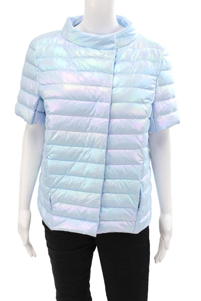 J. Mclaughlin Womens Textured Short Sleeve Lined Button Puffer Jacket Blue Size