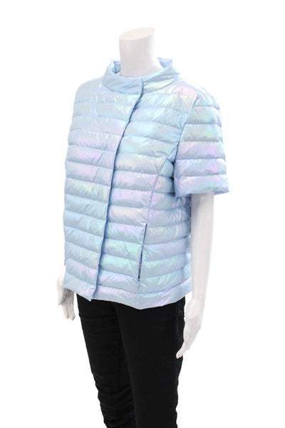 J. Mclaughlin Womens Textured Short Sleeve Lined Button Puffer Jacket Blue Size