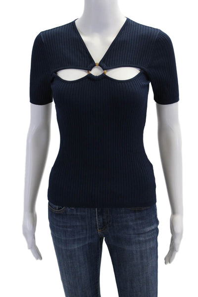 Minnie Rose Womens Ribbed Cut Out Detail Short Sleeve Blouse Blue Size XS