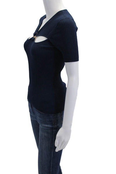 Minnie Rose Womens Ribbed Cut Out Detail Short Sleeve Blouse Blue Size XS