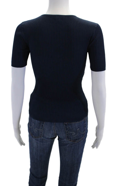 Minnie Rose Womens Ribbed Cut Out Detail Short Sleeve Blouse Blue Size XS