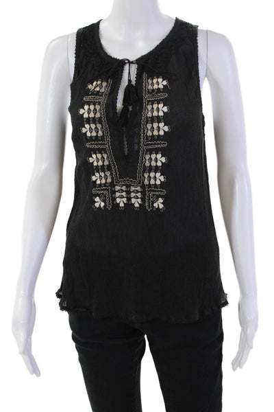 Joie Womens Cotton Embroidered V-Neck Sleeveless Blouse Top Black Size S