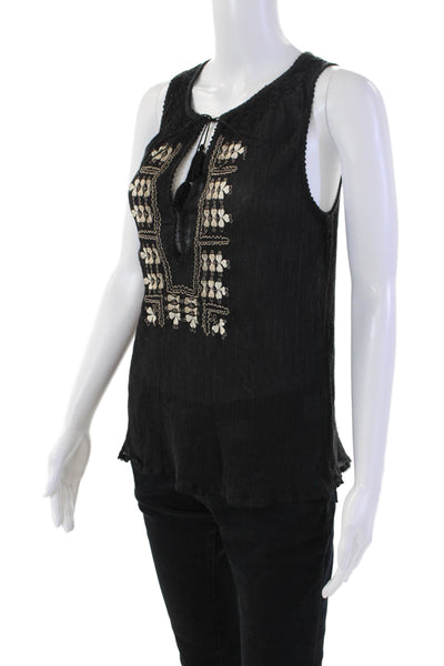 Joie Womens Cotton Embroidered V-Neck Sleeveless Blouse Top Black Size S