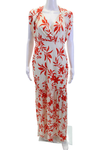 TJD Womens Cotton Floral V-neck Tie Back Tiare Maxi Dress Red Cream Size S