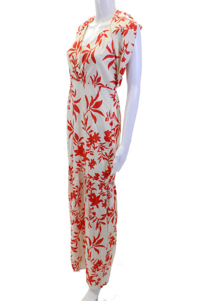TJD Womens Cotton Floral V-neck Tie Back Tiare Maxi Dress Red Cream Size S
