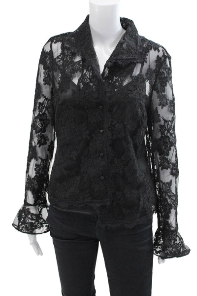 Sutton Studio Womens Layered Lace Collared Long Sleeve Blouse Black Size 10P