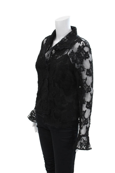 Sutton Studio Womens Layered Lace Collared Long Sleeve Blouse Black Size 10P