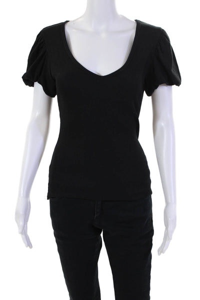 Nation LTD Womens Cotton Short Puff Sleeve V-Neck Blouse Top Black Size M
