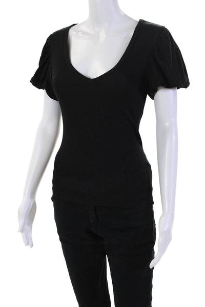 Nation LTD Womens Cotton Short Puff Sleeve V-Neck Blouse Top Black Size M