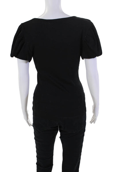 Nation LTD Womens Cotton Short Puff Sleeve V-Neck Blouse Top Black Size M
