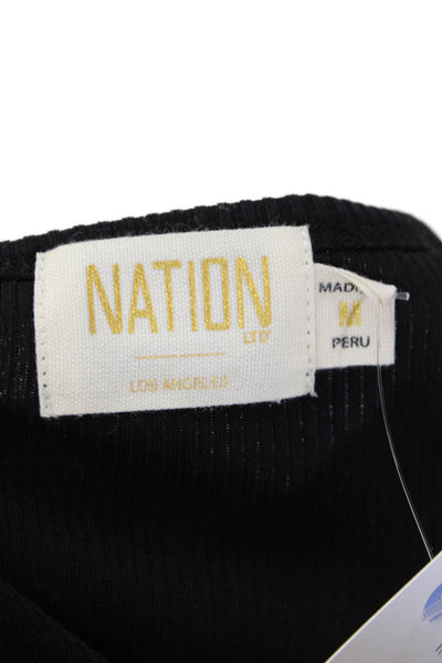 Nation LTD Womens Cotton Short Puff Sleeve V-Neck Blouse Top Black Size M