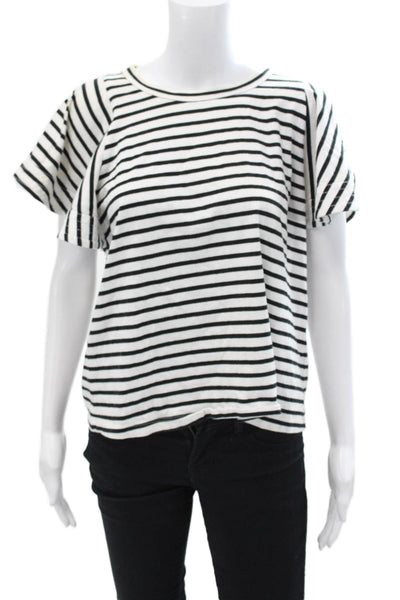 ALC Womens Cotton Striped Open Sleeve Detail Round Neck Top White Size L
