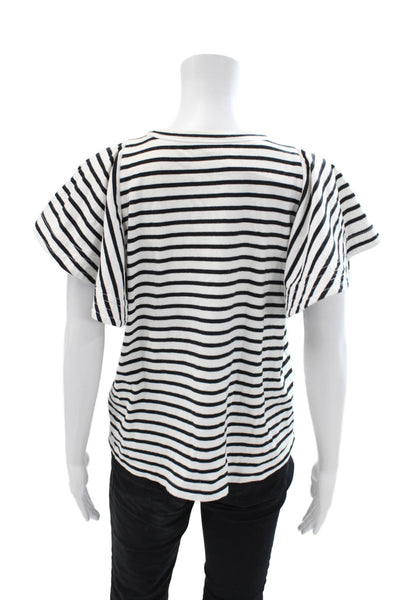 ALC Womens Cotton Striped Open Sleeve Detail Round Neck Top White Size L