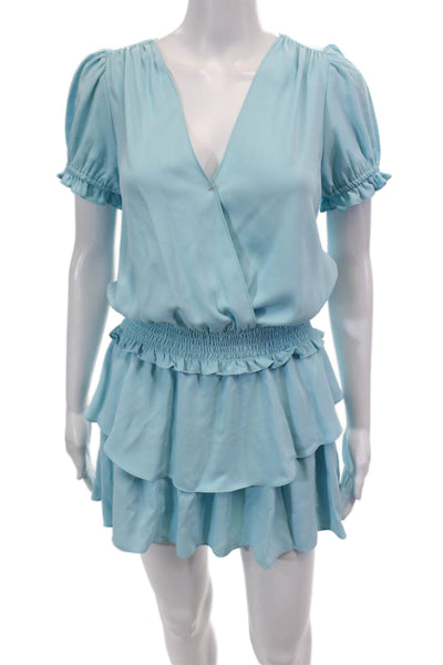 Amanda Uprichard Womens Short Sleeves Ruffle Smocked Waist Mini Dress Blue Size