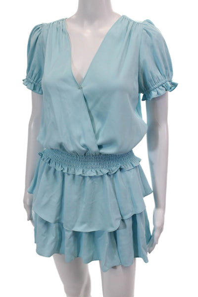 Amanda Uprichard Womens Short Sleeves Ruffle Smocked Waist Mini Dress Blue Size