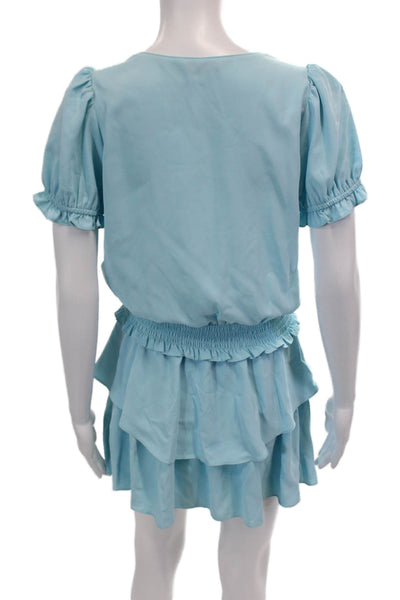 Amanda Uprichard Womens Short Sleeves Ruffle Smocked Waist Mini Dress Blue Size