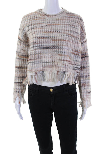 Design History Women's Long Sleeves Fringe Round Neck Sweater Beige Size XS
