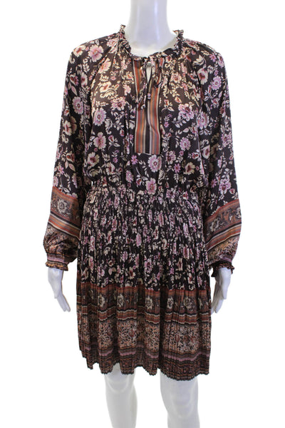 Current Air Womens Long Sleeve Pleated Detail V-Neck Floral Dress Brown Size S