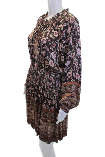 Current Air Womens Long Sleeve Pleated Detail V-Neck Floral Dress Brown Size S