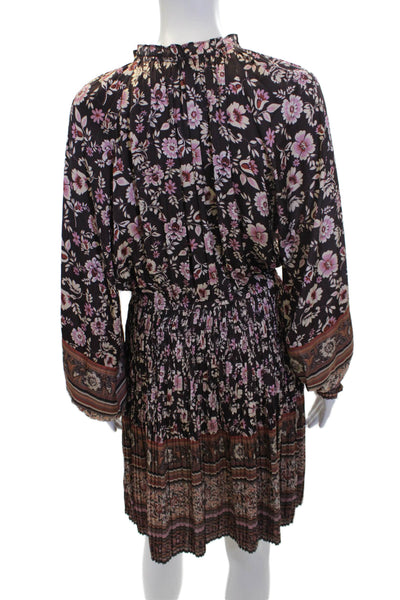 Current Air Womens Long Sleeve Pleated Detail V-Neck Floral Dress Brown Size S