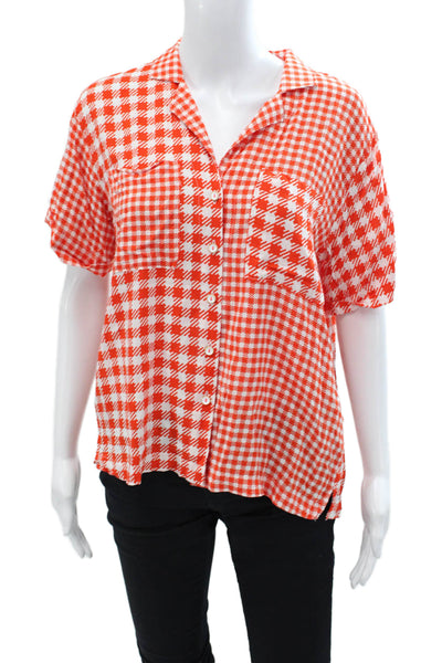 Maeve Anthropologie Womens Cotton Short Sleeve Button Checker Blouse Red Size M