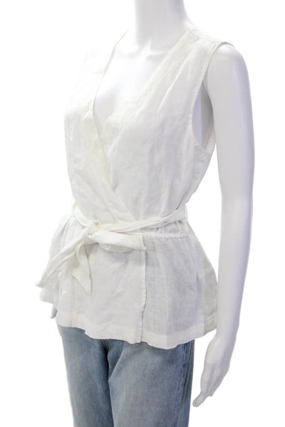 Bella Dahl Womens Linen Sleeveless V-Neck Tied Peplum Blouse White Size S