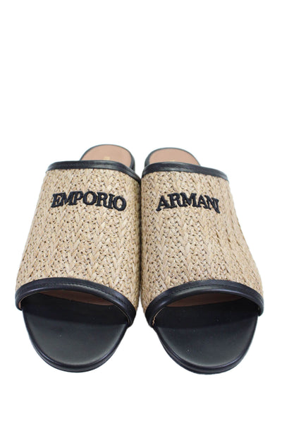 Emporio Armani Womens Woven Logo Embroidered Slide Sandals Brown Size EUR 41