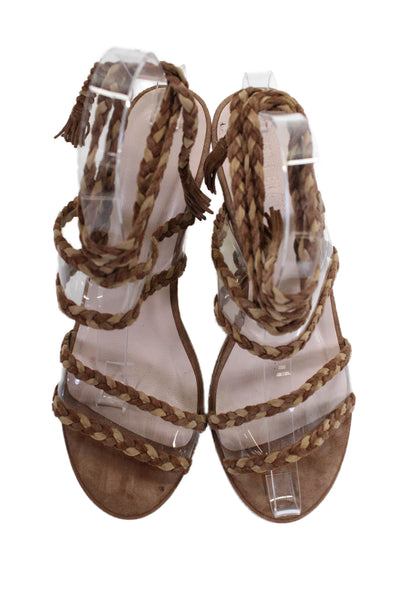 Ritch Erani Womens Suede Braided Strap Clear Heels Sandals Shoes Brown Size 8