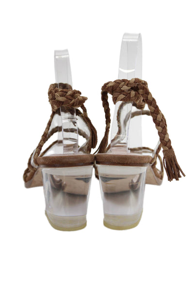Ritch Erani Womens Suede Braided Strap Clear Heels Sandals Shoes Brown Size 8