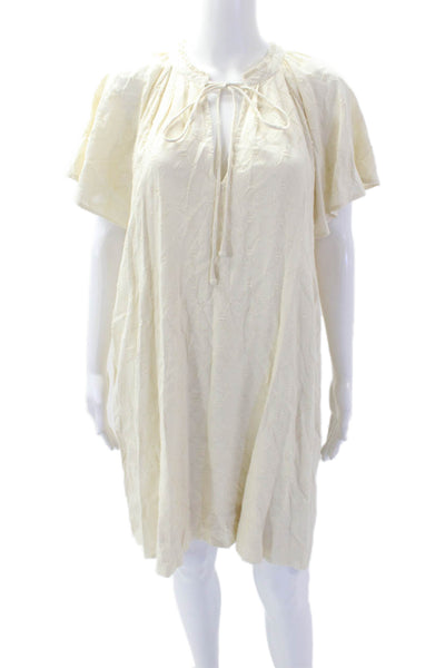 Apiece Apart Womens Embroidered Tie V-neck Short Sleeve A-line Dress Beige Sz M