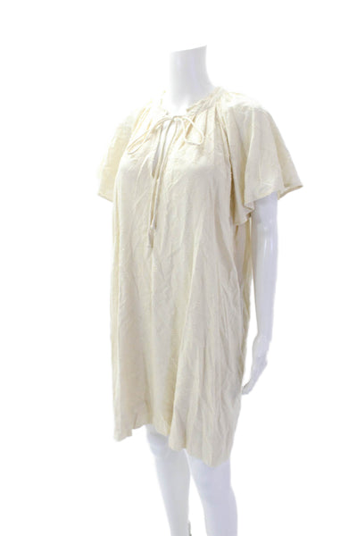 Apiece Apart Womens Embroidered Tie V-neck Short Sleeve A-line Dress Beige Sz M