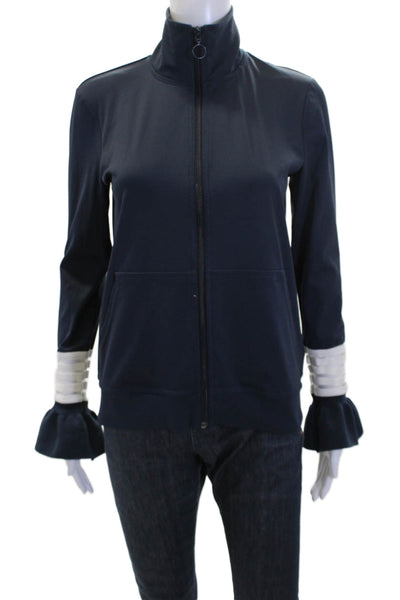 Ganni Womens Textured Zip Long Sleeve Collar Activewear Jacket Navy Size XS