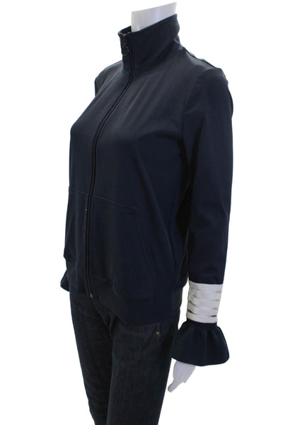 Ganni Womens Textured Zip Long Sleeve Collar Activewear Jacket Navy Size XS