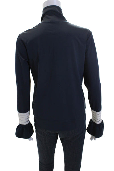 Ganni Womens Textured Zip Long Sleeve Collar Activewear Jacket Navy Size XS