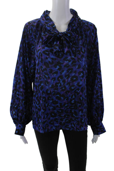 Ba&Sh Womens Animal Print Bishop Sleeve Neck Tie Blouse Dark Blue Size L