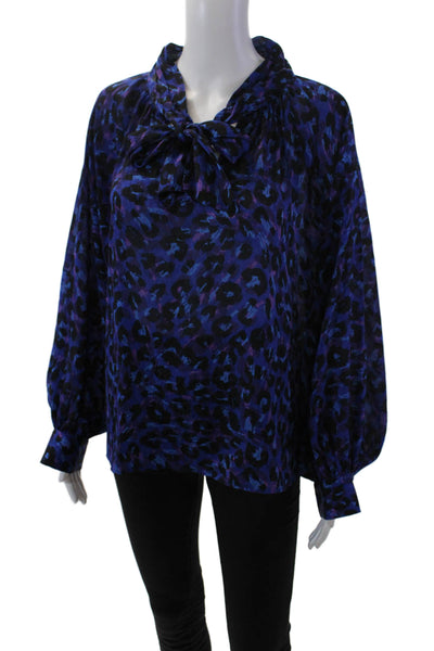 Ba&Sh Womens Animal Print Bishop Sleeve Neck Tie Blouse Dark Blue Size L