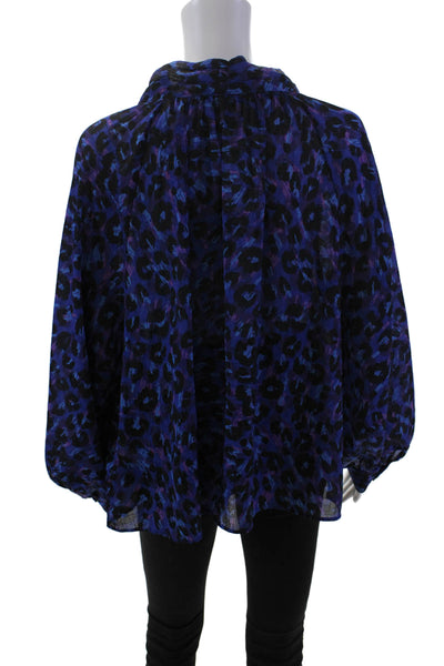 Ba&Sh Womens Animal Print Bishop Sleeve Neck Tie Blouse Dark Blue Size L