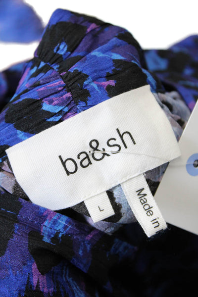 Ba&Sh Womens Animal Print Bishop Sleeve Neck Tie Blouse Dark Blue Size L