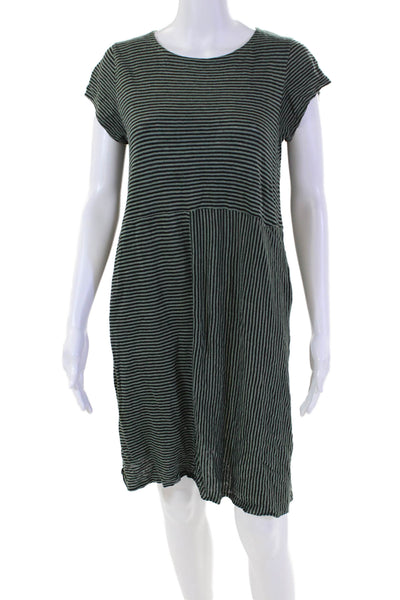 Eileen Fisher Womens Linen Striped Short Sleeve T-Shirt Mini Dress Green Size S