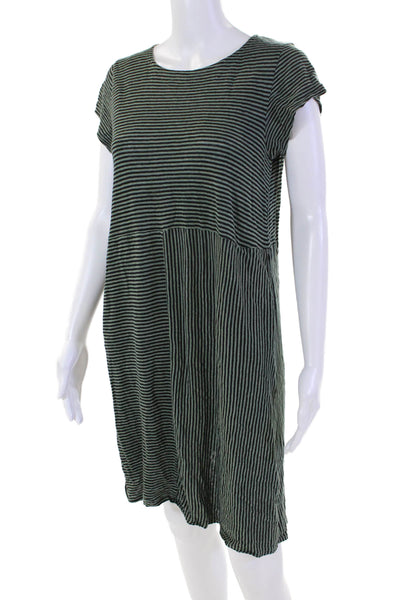 Eileen Fisher Womens Linen Striped Short Sleeve T-Shirt Mini Dress Green Size S