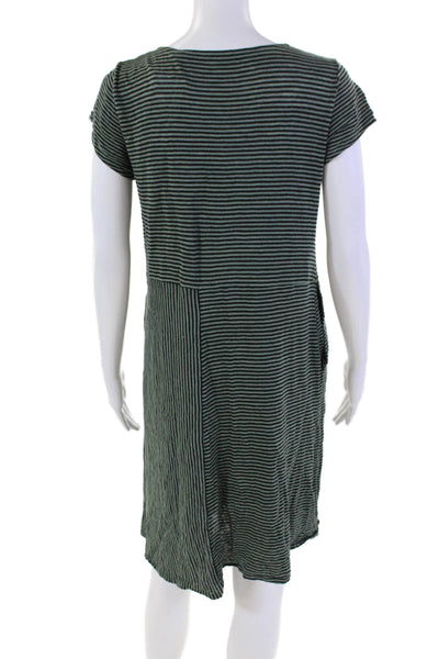 Eileen Fisher Womens Linen Striped Short Sleeve T-Shirt Mini Dress Green Size S