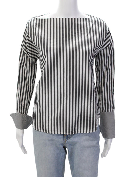 AG Adriano Goldschmied Womens Cotton Striped Boat Neck Blouse Gray Size XS