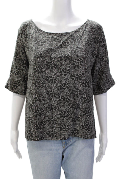 Wood Wood Womens Silk Floral Print Short Sleeve Round Neck Blouse Black Size S