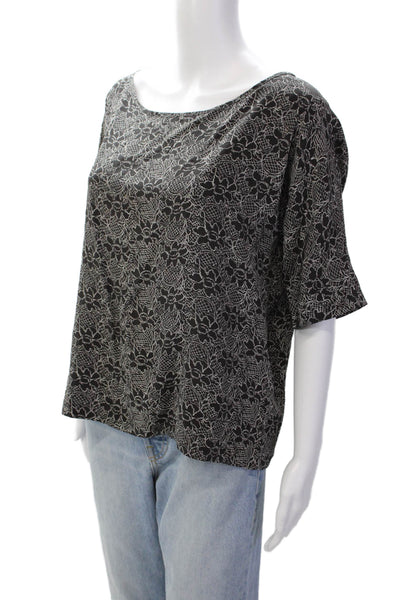 Wood Wood Womens Silk Floral Print Short Sleeve Round Neck Blouse Black Size S