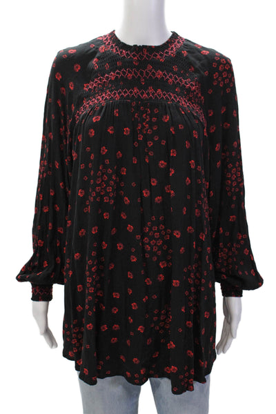 Free People Womens Floral High-Neck Long Sleeve Blouse Top Black Size S