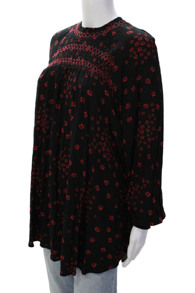 Free People Womens Floral High-Neck Long Sleeve Blouse Top Black Size S