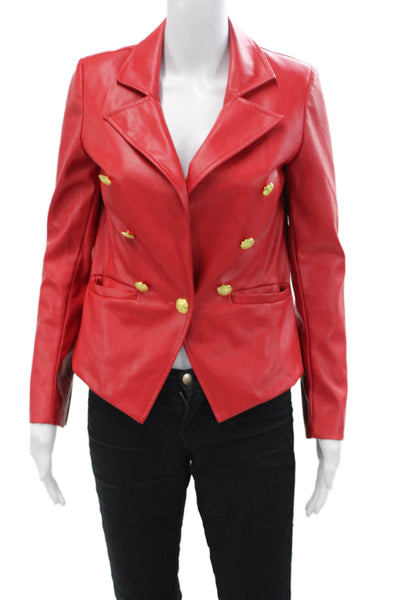 Central Park West Womens Faux Leather Gold Toned Button Blazer Red Size XS