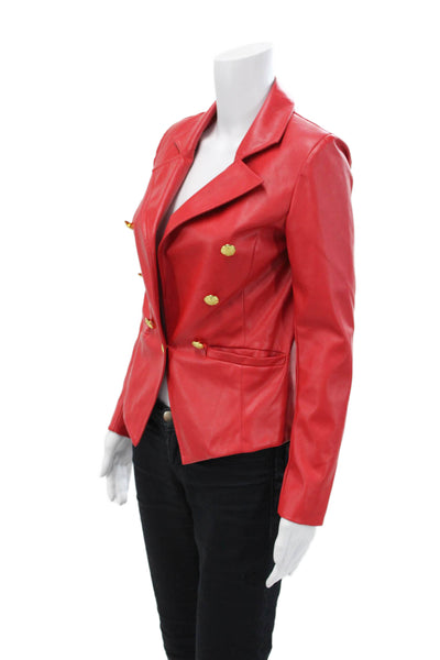Central Park West Womens Faux Leather Gold Toned Button Blazer Red Size XS