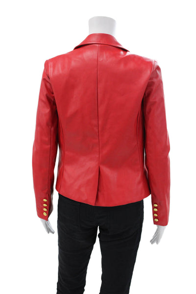 Central Park West Womens Faux Leather Gold Toned Button Blazer Red Size XS